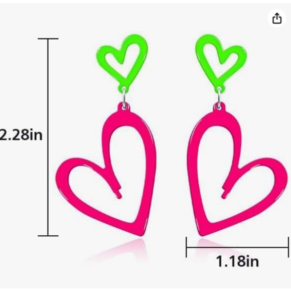 Neon Pink Open Heart Dangles from a Neon Green Open Heart - Picture 5 of 6